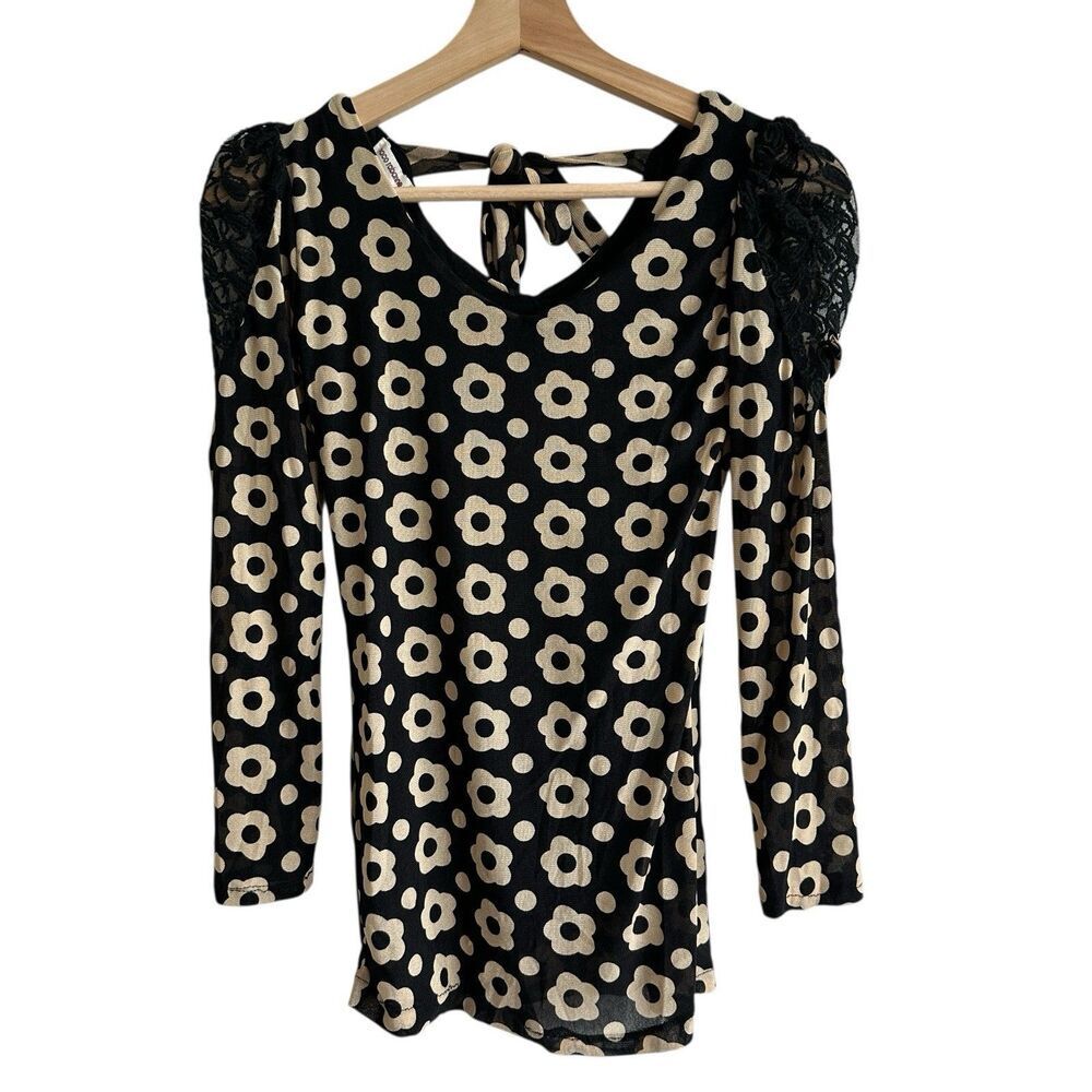 VTG Paco Rabanne blouse L Y2K floral shiffon lace shoulders Whimsigoth